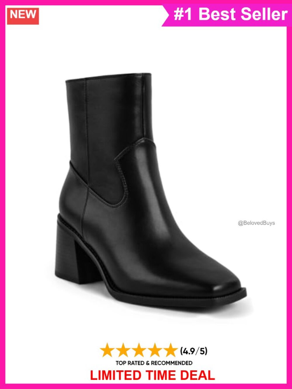 Women's Square Toe Ankle Booties Block Heel Zip PU Leather Boots